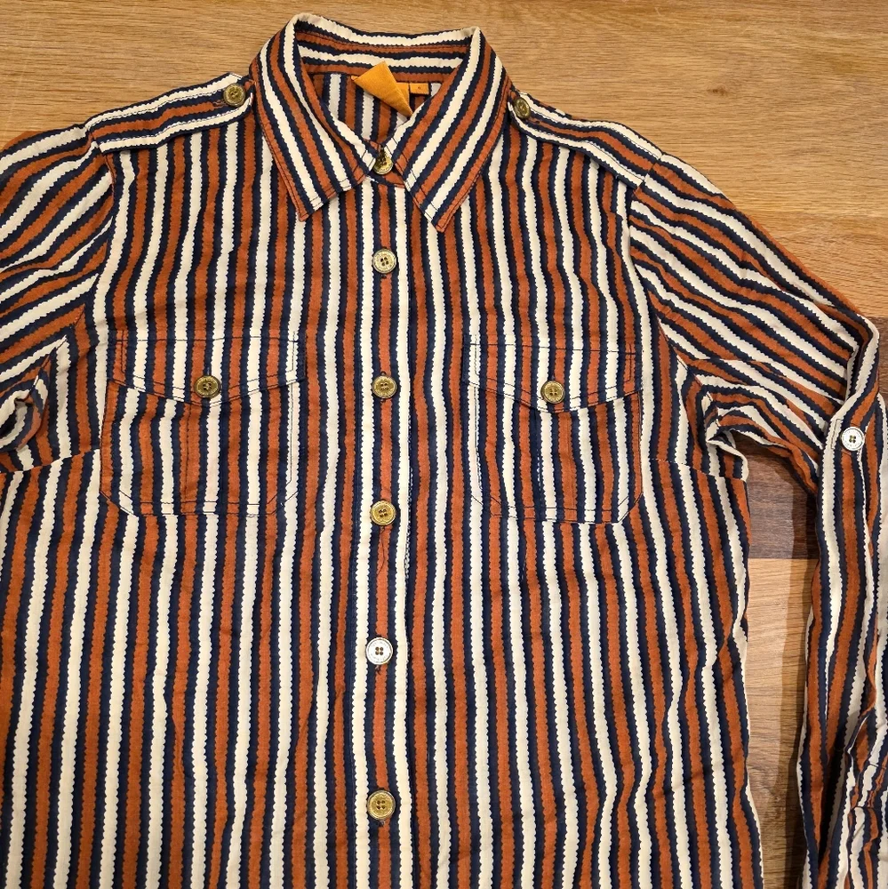 Tory Burch Button Down Dress Shirt Long Sleeve Stripe Blue Cream Orange Size 6 - Picture 2 of 11